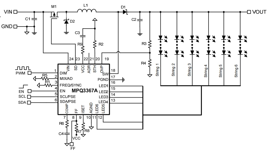 Application Circuit Diagram - Monolithic Power Systems (MPS) MPQ3367A 6-Channel Boost WLED Drivers
